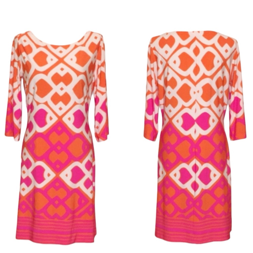 TAYLOR Geometric Fit & Flare Dress in Orange/Hot Pink/White Size 6 -- BEAUTIFUL - Picture 3 of 9